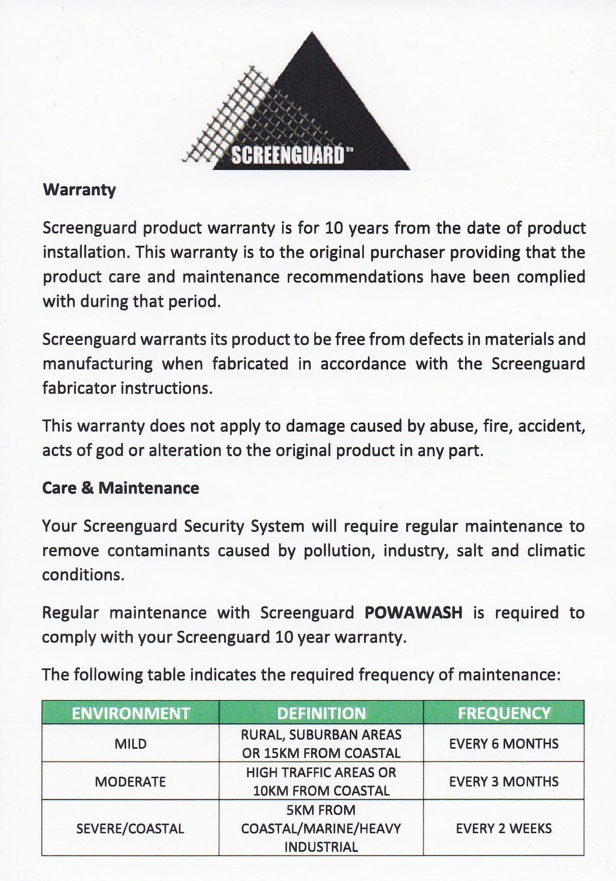 Warranty Information Chaplin Screens