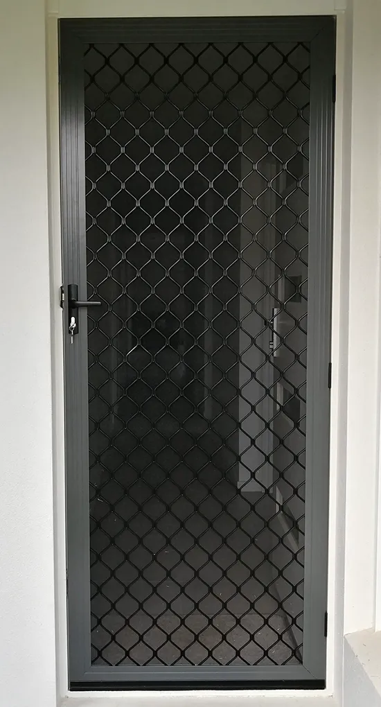 hinged security door with black diamond grille