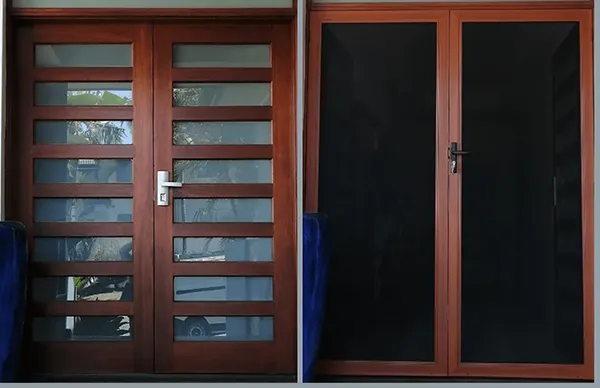 ScreenGuard woodgrain hinged security door